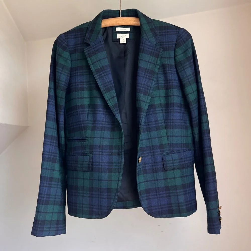 J. Crew Schoolboy‎ Blazer Size 4 Black Watch Plaid Navy Green Gold Button Jacket